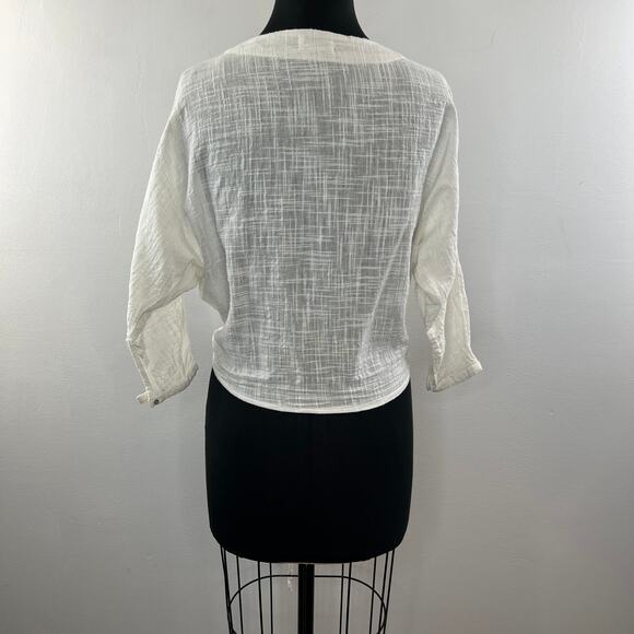 Gillia White Cropped Blouse Top Cotton Tie Front Ribbed V-Neck Size X-Small XS - Picture 5 of 8